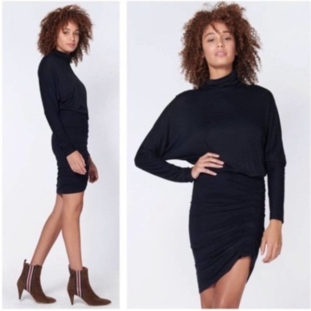 Veronica Beard Black Long-Sleeve Turtleneck Ruched Mini Dress